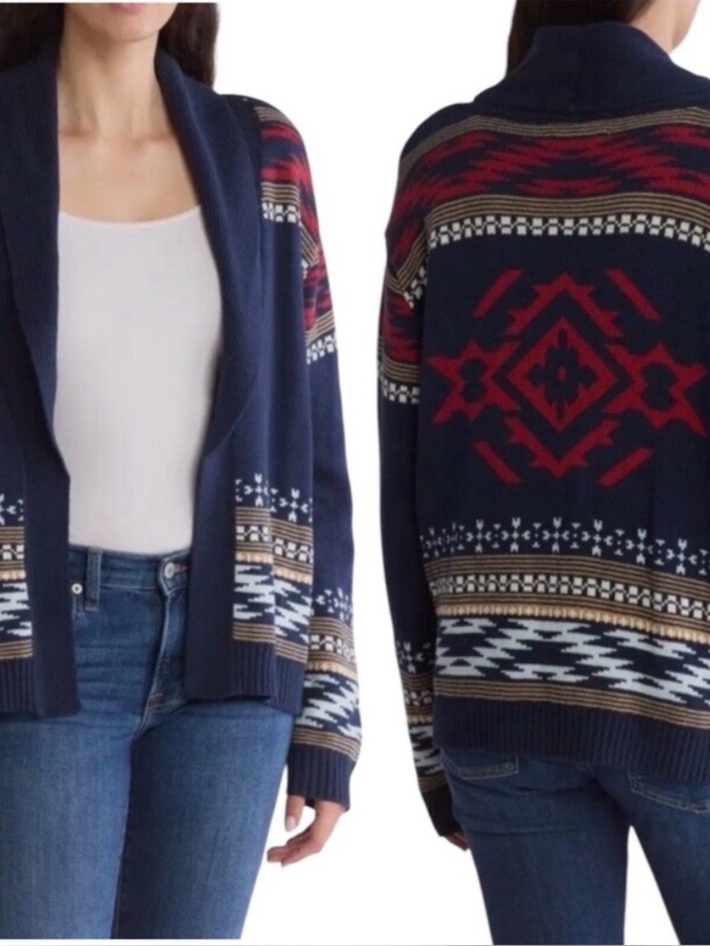 Lucky Brand southwest Aztec design shawl collar cardigan sweater M